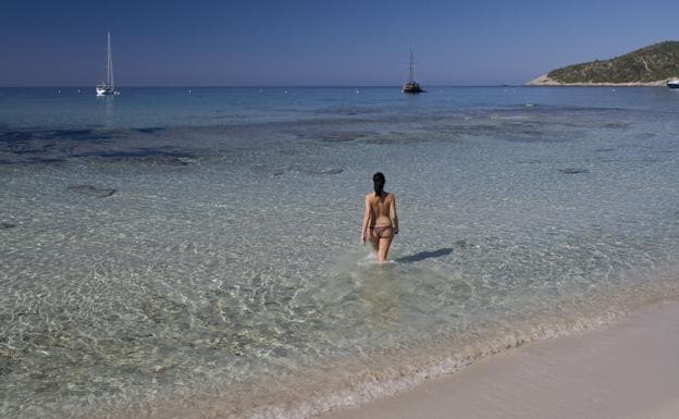 Mujer se adentra en el agua en la playa de Salinas, en la isla de Ibiza en una imagen de recurso.