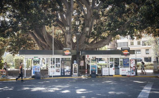 Gasolinera de la plaza Alfonso el Magnánimo, con el ficus protegido detrás. 