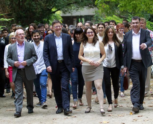 Antonio Montiel (Podemos), Ximo Puig (PSPV), Mónica Oltra y Enric Morera (Compromís). 