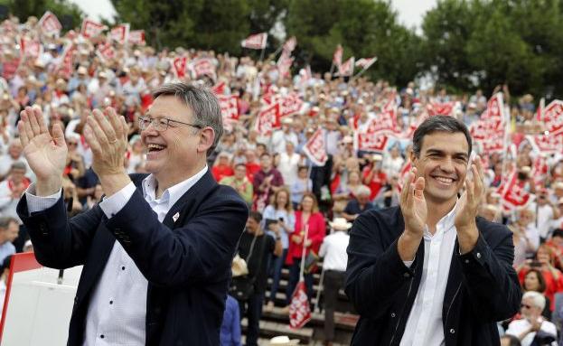 Ximo Puig y Pedro Sánchez, en un acto del PSPV en Valencia.