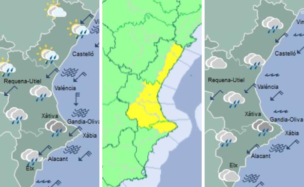 Previsión del tiempo para hoy por la mañana (izq.) y la tarde (dcha.). Y aviso amarillo.