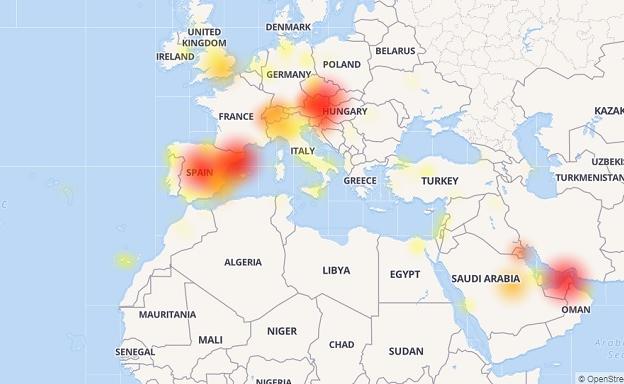 Mapa de la caída de Whatsapp. 