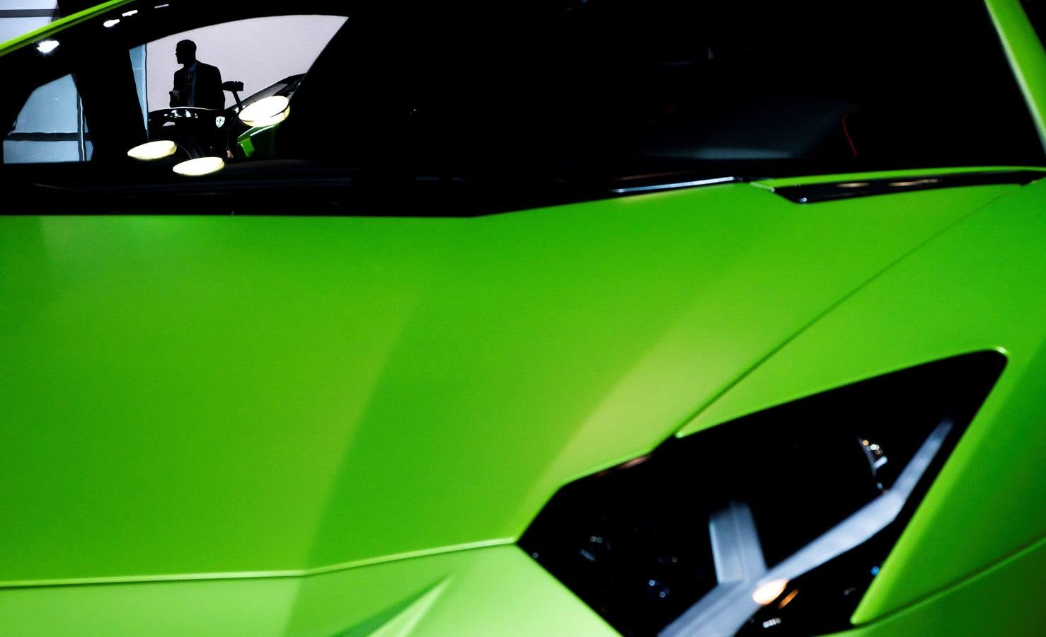 Detalle de un Lamborghini en exhibición durante el 2019 New York International Auto Show.