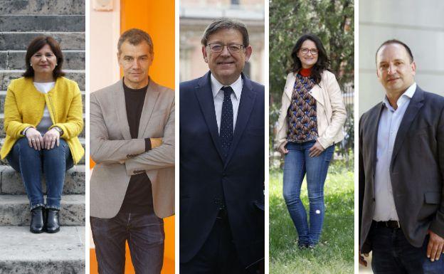 Isabel Bonig (PP), Toni Cantó (Cs), Ximo Puig (PSPV-PSOE), Mónica Oltra (Compromís) y Rubén Martínez Dalmau (Unides Podem-EU).