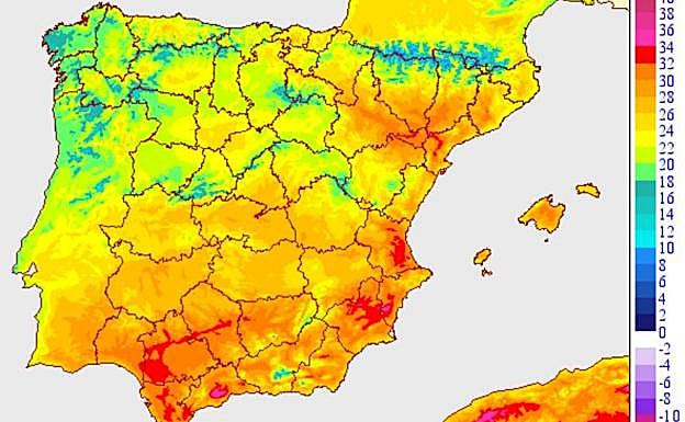 Previsión de temperaturas máximas en toda España para este viernes 10 de mayo.