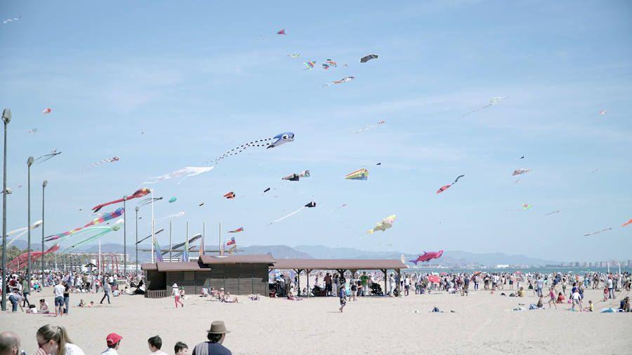 Todo tipo de animales, formas, figuras y banderas ha sobre volado el cielo de Valencia en el XXI Festival de Milotxes que se ha celebrado este fin de semana en la playa del Cabanyal. Alrededor de 100 participantes provenientes de Alemania, Chile y Argentina, junto a los pilotos valencianos y del resto de España, han competido en las modalidades de exhibición de vuelo acrobático individual, vuelo acrobático en equipo, y mejor cometa estática de construcción propia.