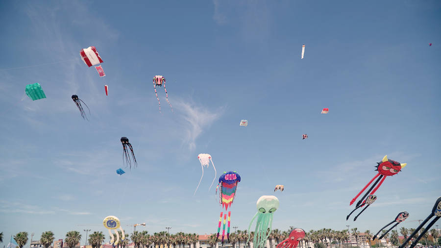 Todo tipo de animales, formas, figuras y banderas ha sobre volado el cielo de Valencia en el XXI Festival de Milotxes que se ha celebrado este fin de semana en la playa del Cabanyal. Alrededor de 100 participantes provenientes de Alemania, Chile y Argentina, junto a los pilotos valencianos y del resto de España, han competido en las modalidades de exhibición de vuelo acrobático individual, vuelo acrobático en equipo, y mejor cometa estática de construcción propia.