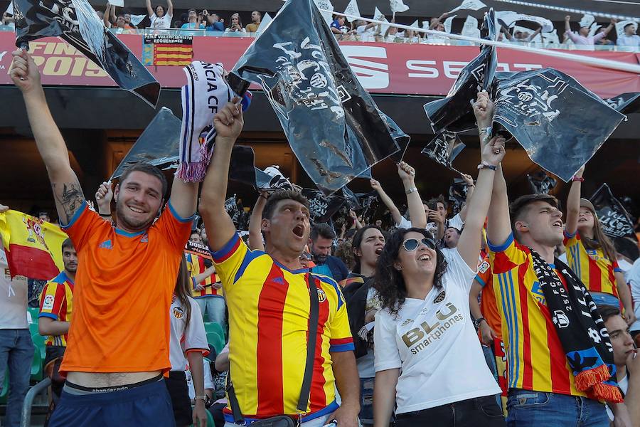 Cientos de aficionados del Valencia CF viven en Sevilla la magia de la Final de la Copa. El Benito Villamarín se llena de bandera blancas y negras valencianistas.