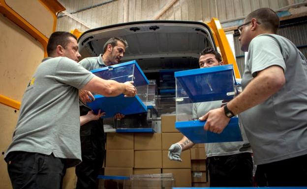 Varios operarios cargan urnas para su traslado a colegios electorales en Barcelona. 