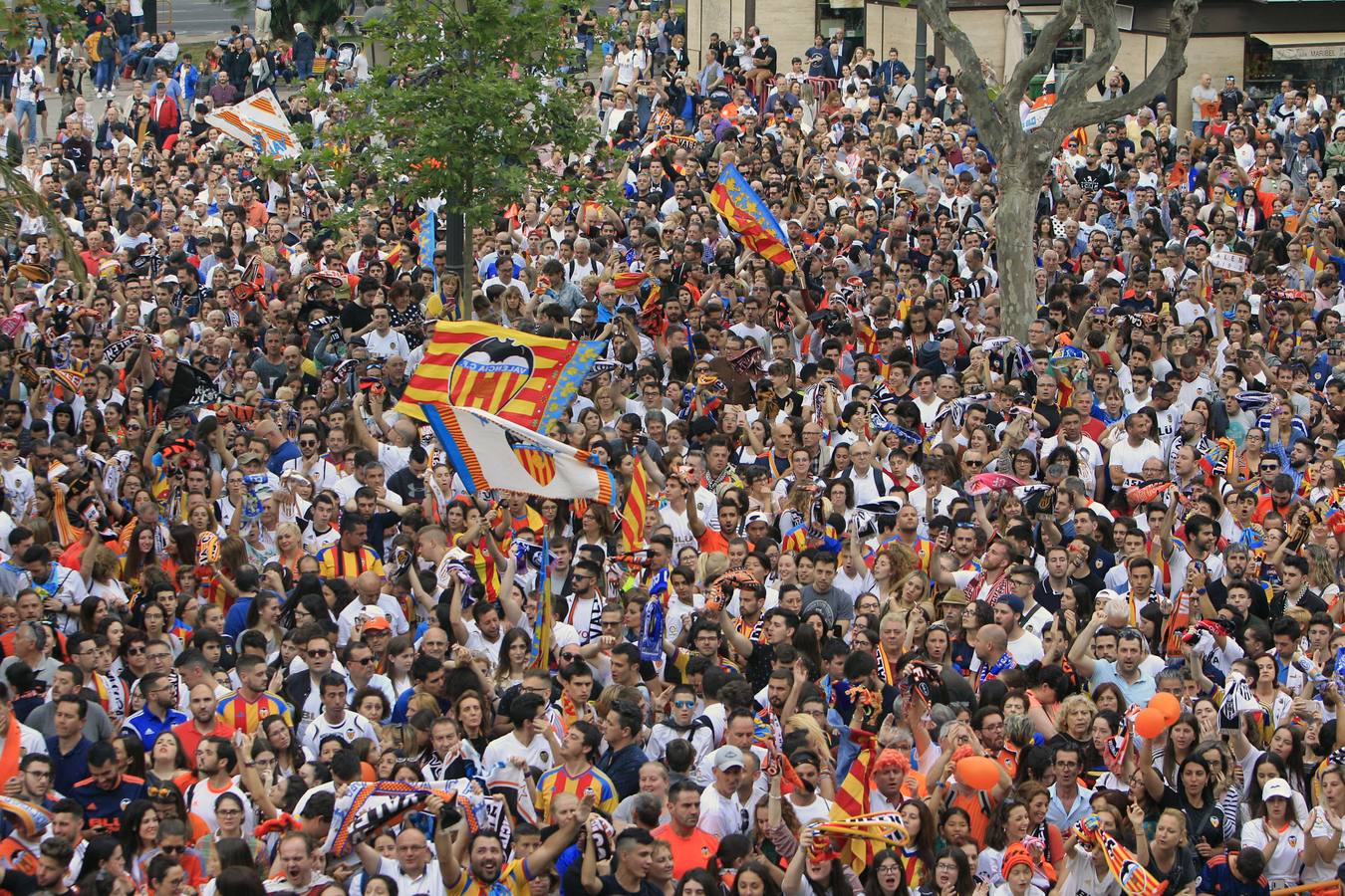 Jugadores, técnicos y directivos del Valencia CF han ofrecido el trofeo de la octava Copa del Rey a la Mare de Déu dels Desamparats, la Geperudeta, en la Basílica de la Virgen. Tras este acto se han dirigido al Palau de la Generalitat, donde les ha recibido Ximo Puig y al Ayuntamiento, donde les esperaba Joan Ribó. 