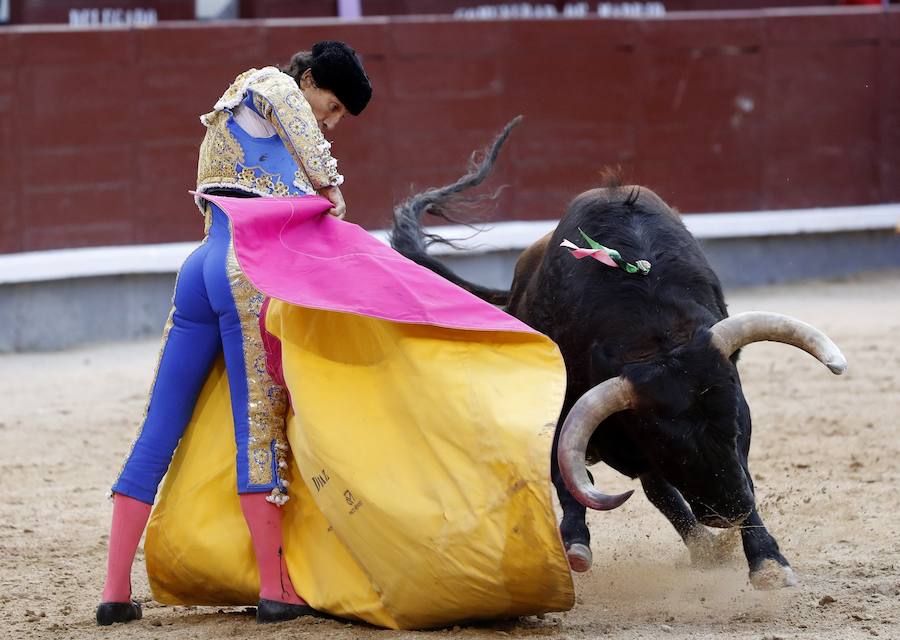 El diestro Román Collado, cogido por el primero de su lote durante su faena en la corrida celebrada este domingo 9 de junio en la plaza de toros de Las Ventas, compartiendo cartel con Pepe Moral y Curro Díaz, lidiando reses de Baltasar Ibán.