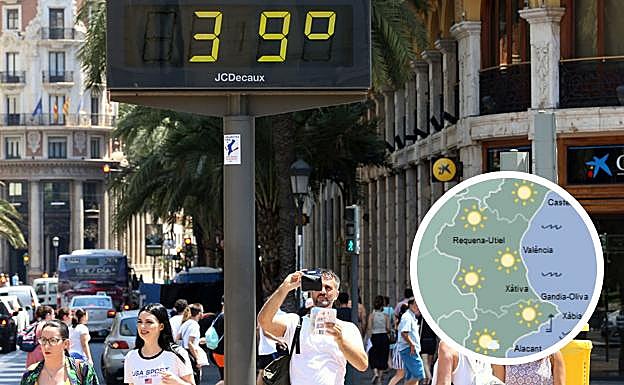 Mapa del tiempo del miércoles en la Comunitat y un termómetro a 39 grados al sol en Valencia.