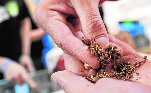 Un hombre prepara un cigarrillo con marihuana.