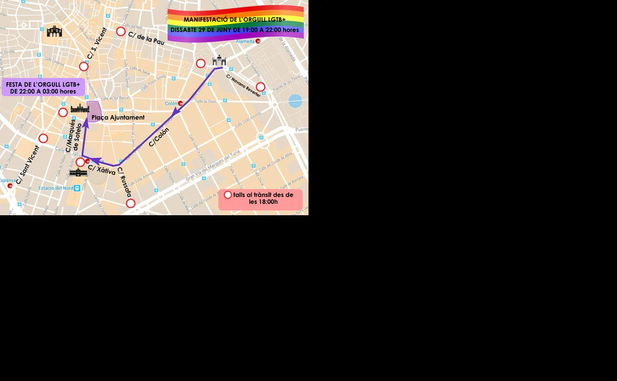 Calles cortadas hoy sábado en Valencia por la manifestación del Orgullo LGTB+, la Feria de julio y una carrera solidaria
