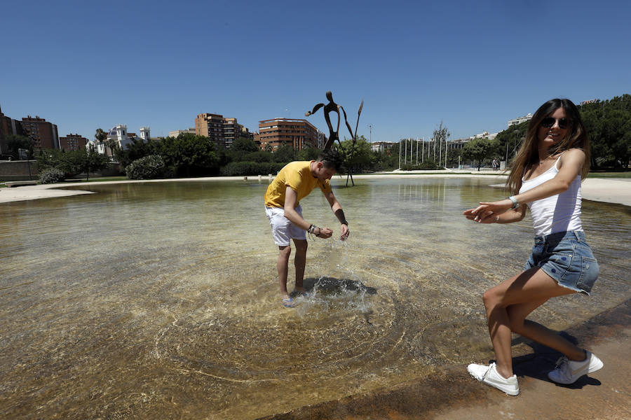 Temperaturas cercanas a los 40 grados en algunas poblaciones y las vacaciones aún lejos para muchos, empujan a los valencianos a buscar fórmulas para combatir el calor. Playas, piscinas y hasta fuentes son buenas para refrescarse. Hasta los animales del Bioparc tienen su ración de helado.