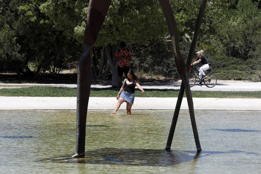 Temperaturas cercanas a los 40 grados en algunas poblaciones y las vacaciones aún lejos para muchos, empujan a los valencianos a buscar fórmulas para combatir el calor. Playas, piscinas y hasta fuentes son buenas para refrescarse. Hasta los animales del Bioparc tienen su ración de helado.