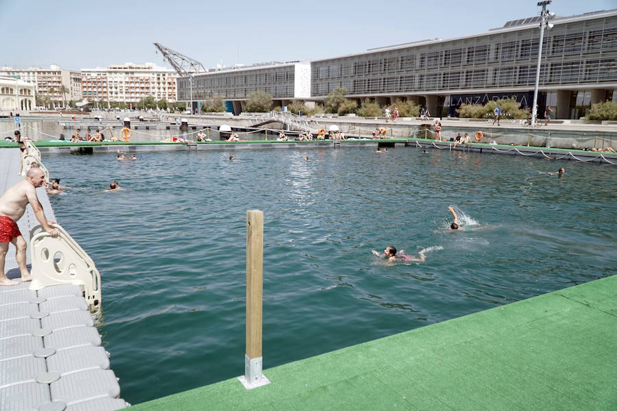 La nueva piscina natural de La Marina se ha convertido ya en la atracción de ocio de Valencia de moda este verano. Los valencianos han aprovechado este fin de semana de calor intenso para remojarse en las aguas del puerto. 