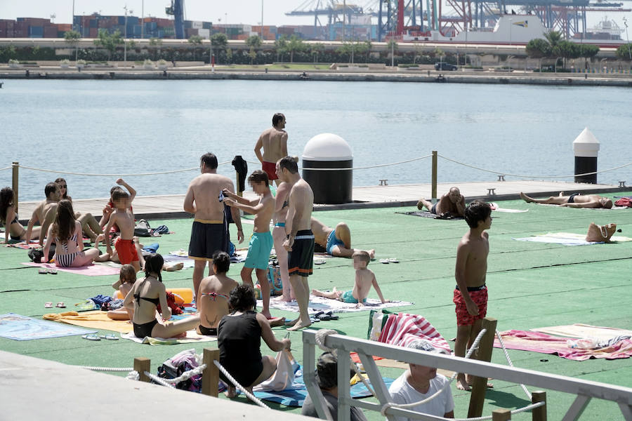 La nueva piscina natural de La Marina se ha convertido ya en la atracción de ocio de Valencia de moda este verano. Los valencianos han aprovechado este fin de semana de calor intenso para remojarse en las aguas del puerto. 