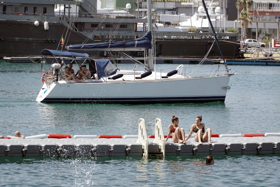 La nueva piscina natural de La Marina se ha convertido ya en la atracción de ocio de Valencia de moda este verano. Los valencianos han aprovechado este fin de semana de calor intenso para remojarse en las aguas del puerto. 