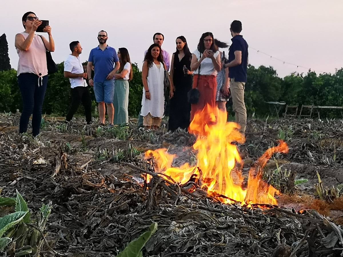 El cocinero Ricard Camarena participó este martes en la recuperación de la tradicional quema de los restos de la cosecha de la alcachofa en la huerta de Albalat dels Sorells. La 'Nit de la terra' fue la celebración del matrimonio entre el campo y la cocina.