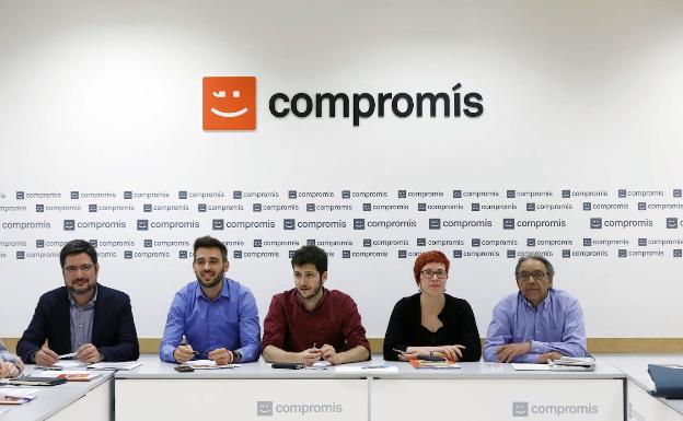 Dirigentes de PSPV, Compromís y Unidas Podemos. 