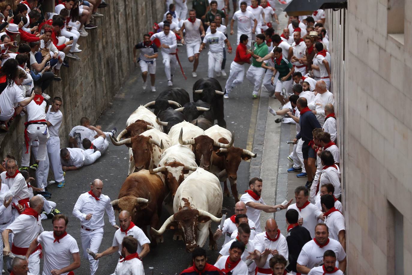 Los toros de El Puerto de San Lorenzo recorren rápidos el trazado de Pamplona dejando varios heridos en el primer encierro de San Fermín 2019.