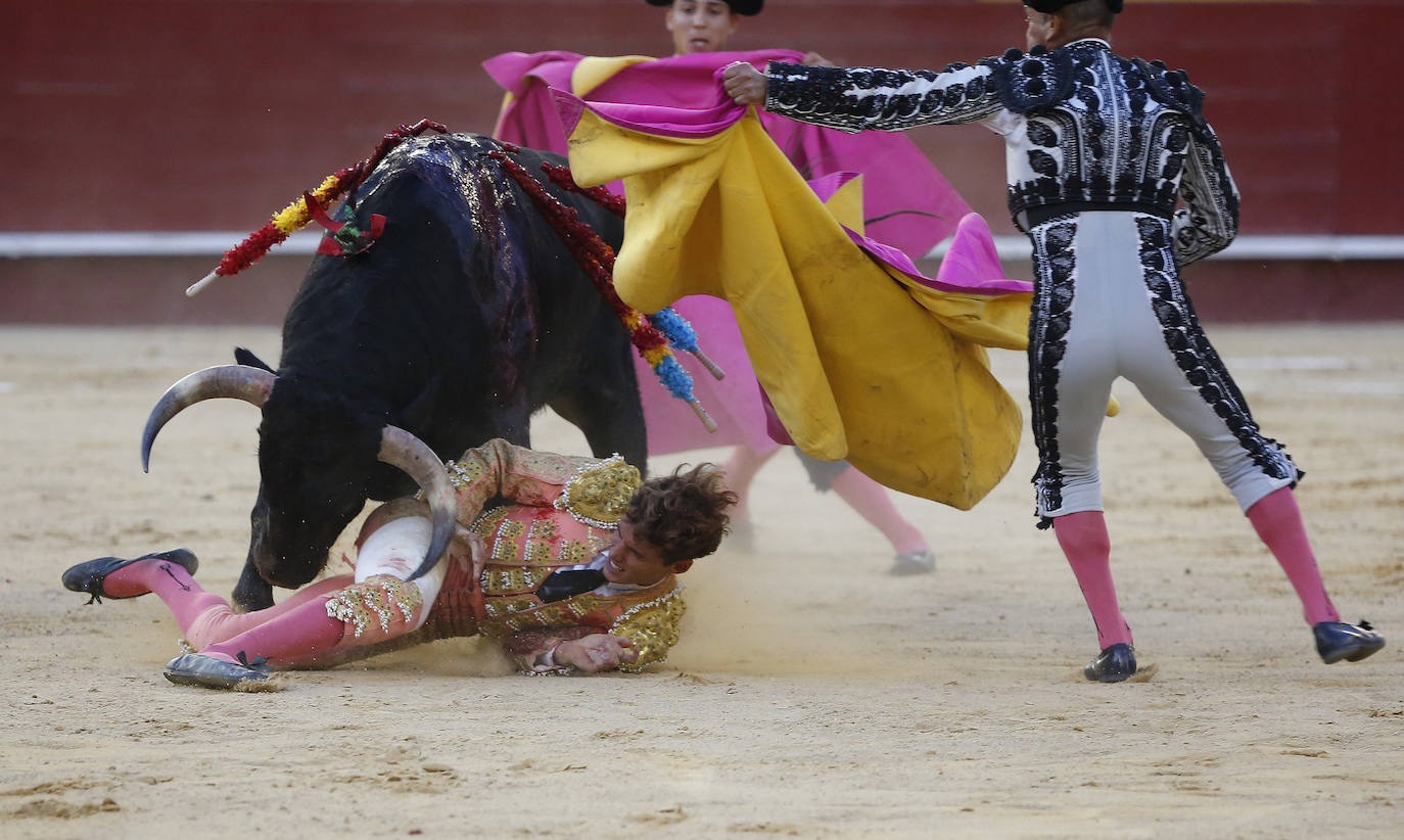 La primera novillada de la Feria de Julio en la Plaza de Toros de Valencia, celebrada este jueves, se vio sobresaltada durante la segunda faena del valenciano Borja Collado. Una voltereta impresionante le llevó del ruedo a la enfermería; y, su coraje, de la enfermería al ruedo con una brecha en la cabeza. En ese tramo de la faena, sobre la mano izquierda, toreó con mucha sinceridad y dominio. Primaron la emotividad y la entrega y el público solicitó una merecida y sufrida oreja.