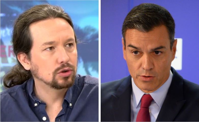 Pablo Iglesias durante su entrevista en el programa matinal de Telecinco (i) y Pedro Sánchez durante un desayuno informativo organizado por EFE.