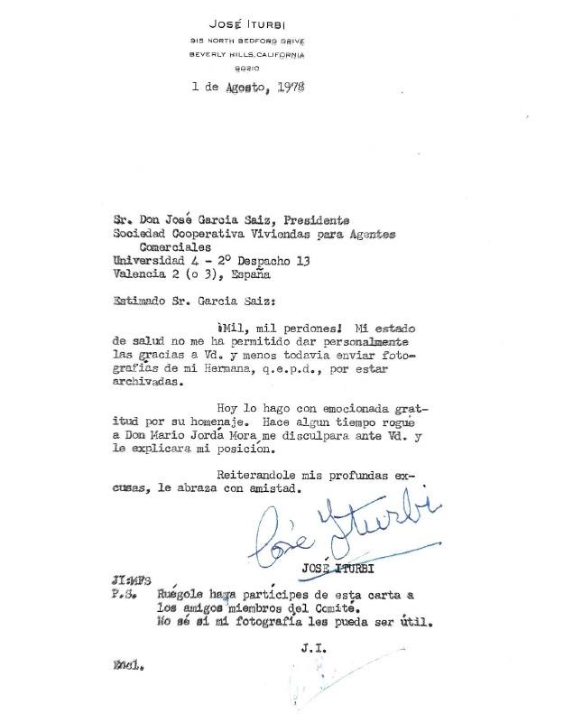 La carta que el músico José Iturbi envió a la comunidad para expresar su aprobación y permiso para el nombre del edificio.