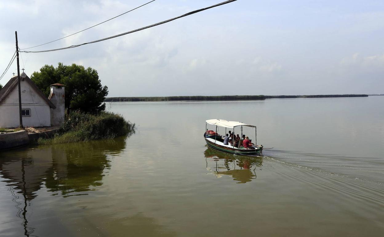 Visitantes realizando un paseo en barca por el lago de la Albufera. 