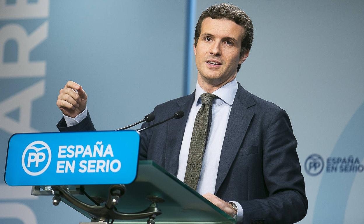 Pablo Casado, líder del PP, en una rueda de prensa.