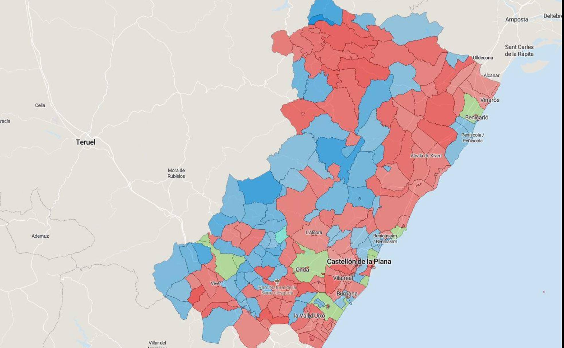 Mapa del resultado de las elecciones del 10N en Castellón, por municipios