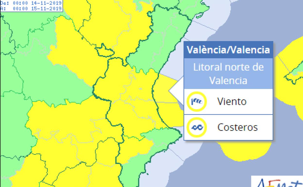 Las zonas de Valencia y Alicante con alerta amarilla por viento y fenómenos costeros.