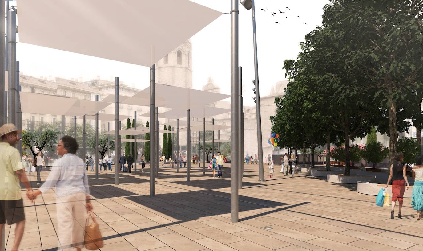 Imágenes del proyecto de remodelación que ha sido adoptado por el Ayuntamiento de Valencia para remodelar las plaza de la Reina.