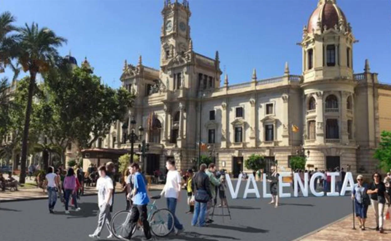 Cartel promocional de una de las campañas de peatonalización de la plaza del Ayuntamiento de Valencia.