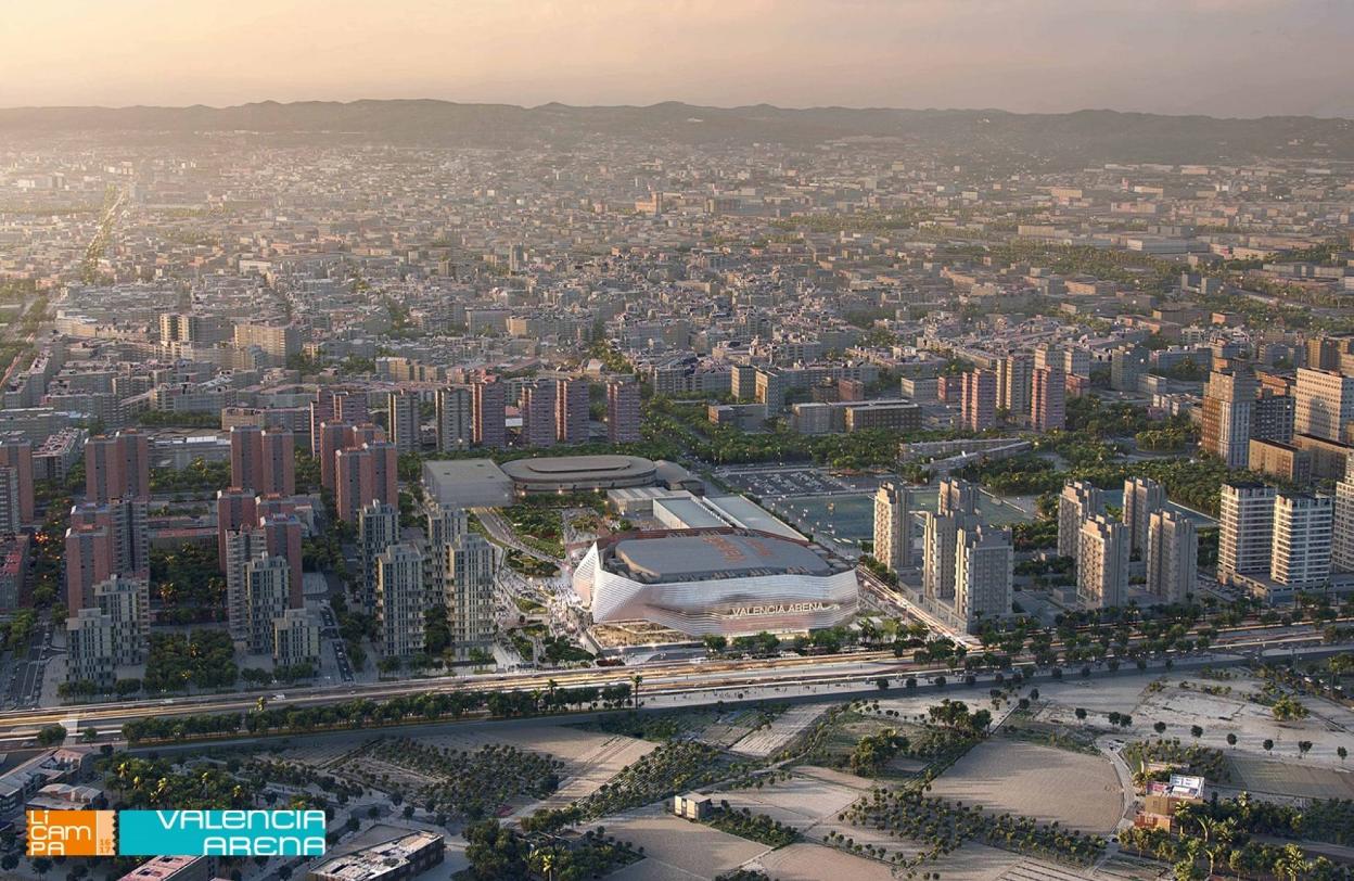 Imagen aérea de la figuración virtual del pabellón Arena. 