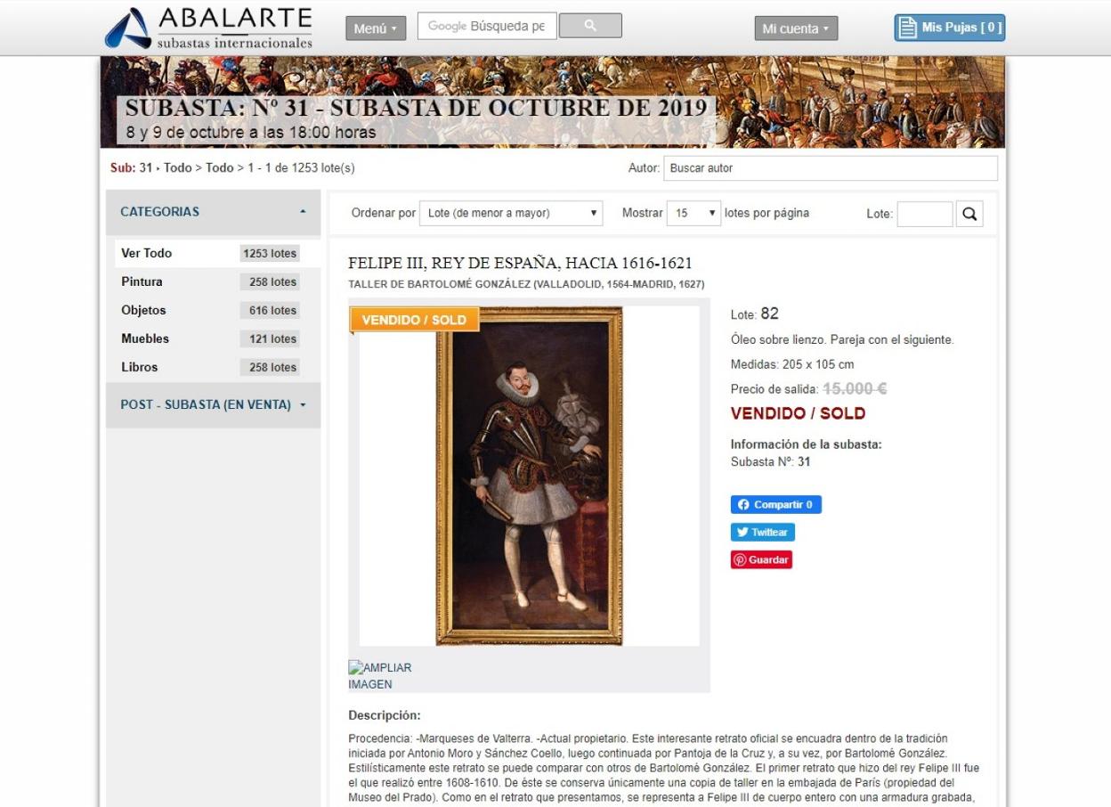 Captura de pantalla de la web de la sala de subastas en la que aparece el retrato de Felipe III. 