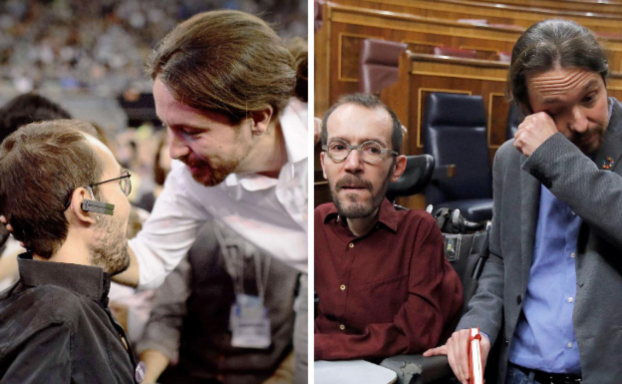 Pablo Iglesias y Pablo Echenique en una imagen de 2014, en Vistalegre 1, y en otra de 2020, tras la investidura de Sänchez.