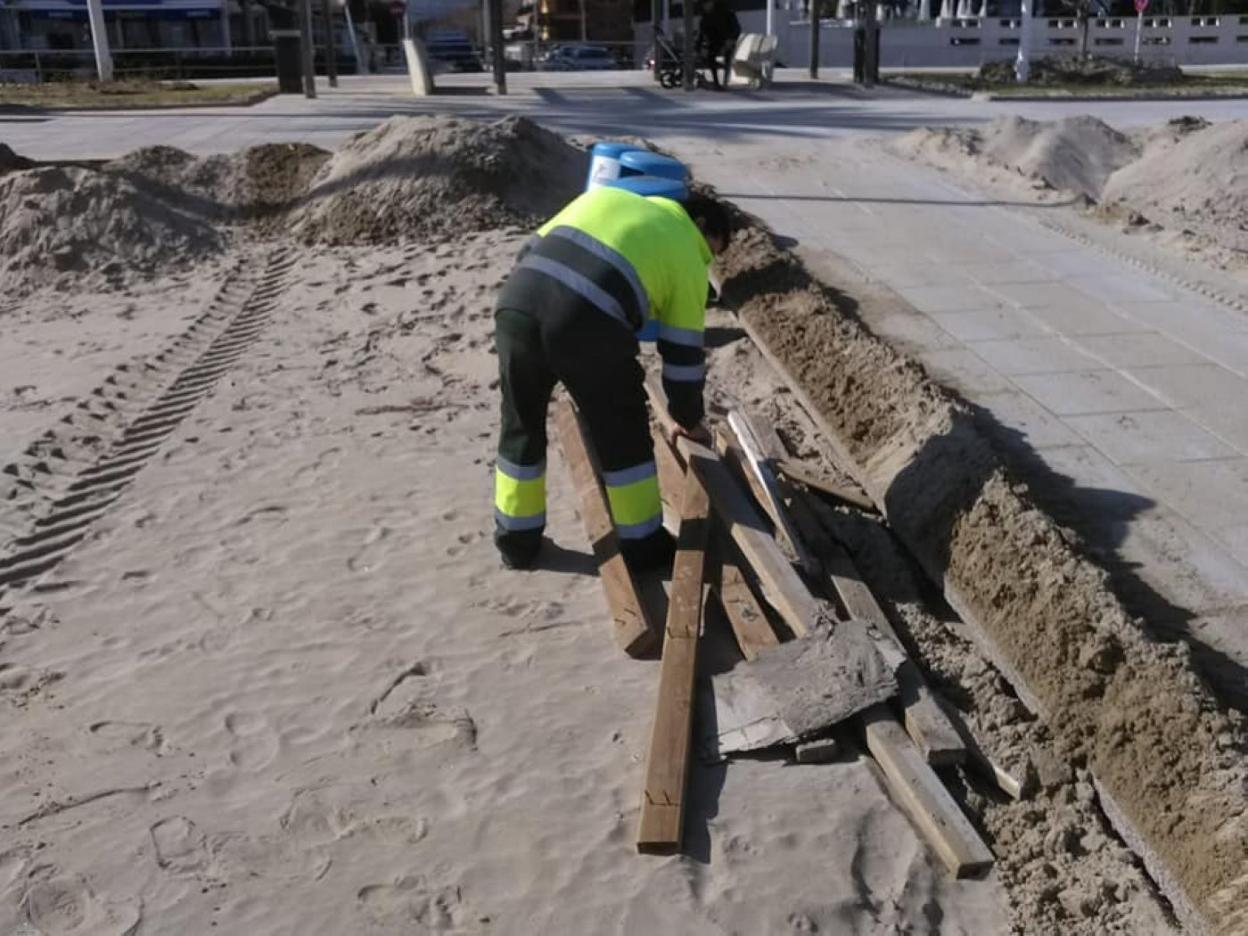 Un operario de Gandia recoge restos de maderas durante los trabajos de limpieza de la playa. 