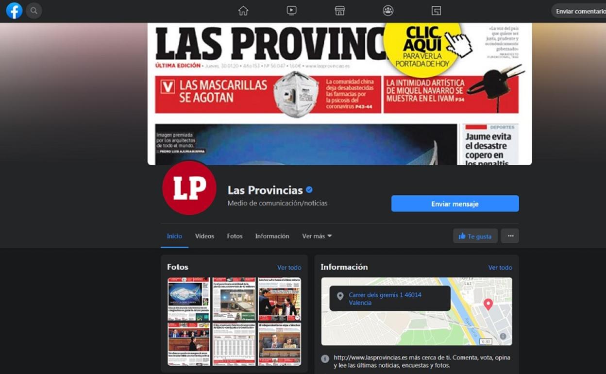 Página de Facebook de Las Provincias en el nuevo modo oscuro.