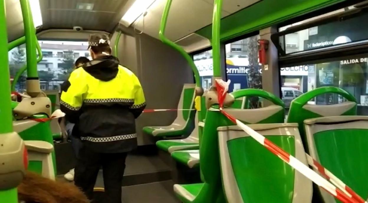 Un agente de Policía Local realiza un control en el interior de un autobús de línea, en Alicante. LP