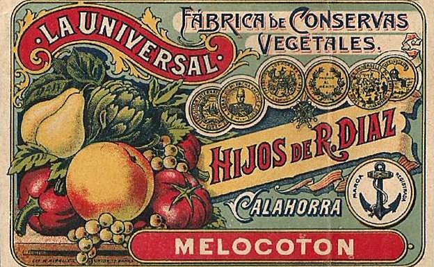 Etiqueta de melocotón en conserva de 'La Universal', Calahorra (La Rioja).