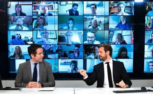 Imagen cedida por el PP de la videoconferencia de Casado con los grupos parlamentarios. 