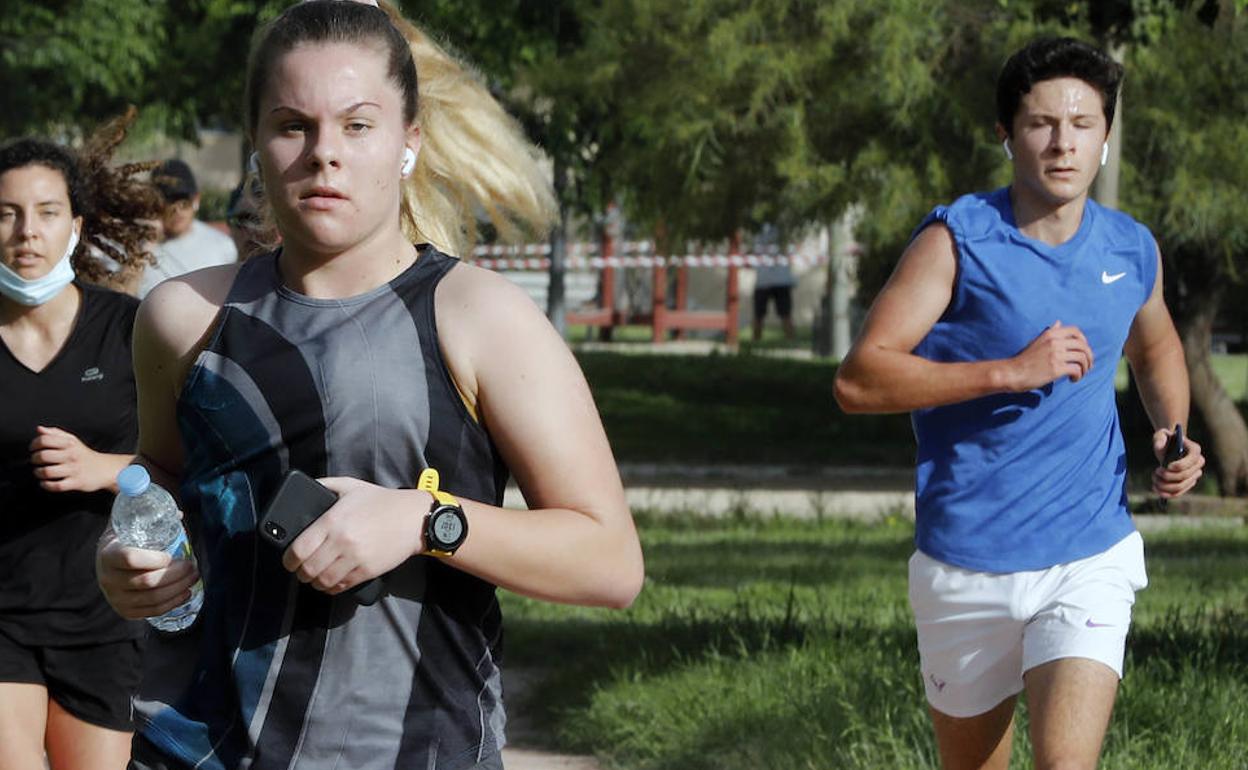 Grupo de corredores haciendo deporte en el jardín del Turia. 