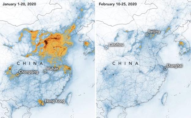 El confinamiento ha provocado descensos significativos de los niveles de dióxido de nitrógeno (un contaminante atmosférico muy común) en toda China. 