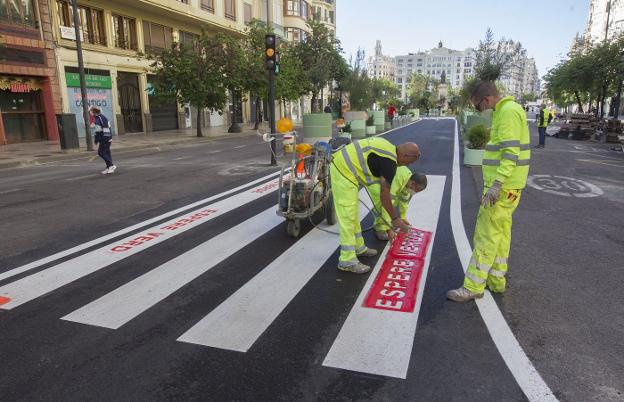 Operarios municipales terminan de señalizar el carril bus en la plaza, la pasada semana. damián torres