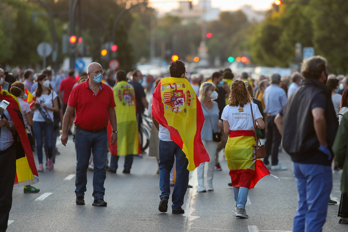 Entre 500 y 800 personas han acudido este jueves 21 de mayo al cuartel de San Juan de La Ribera, en el paseo de la Alameda de Valencia, al momento de izar la bandera de España para protestar por la gestión del Gobierno en la crisis del coronavirus. 