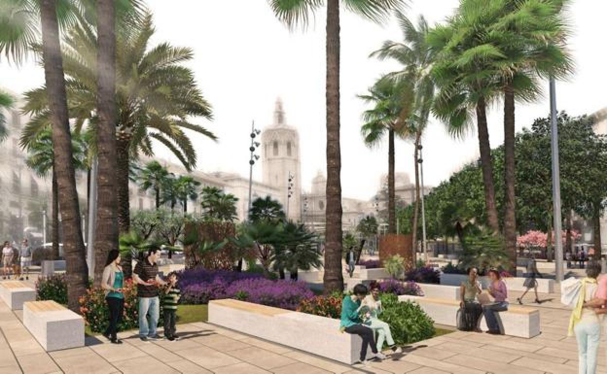 Figuración de la plaza de la Reina tras su reforma, con la Catedral al fondo.