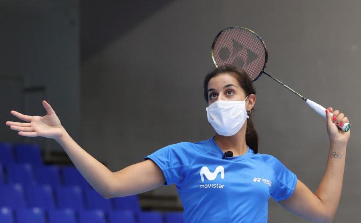 Carolina Marín, durante la inauguración de la Movistar Academy Magariños en Madrid. 