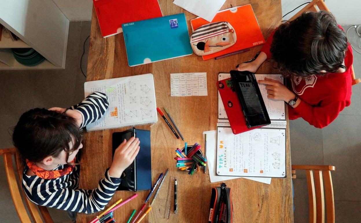 Dos alumnos de 5º de Primaria trabajan desde casa durante el confinamiento por coronavirus.